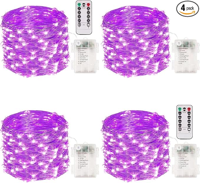 Halloween Fairy String Lights Battery Operated 100 LED 33FT 4 Pack Purple | Timer, 8 Modes, Remote Control, Brightness Adjustable Waterproof Twinkle Lights for Indoor Outdoor Party Cpreepy decorations