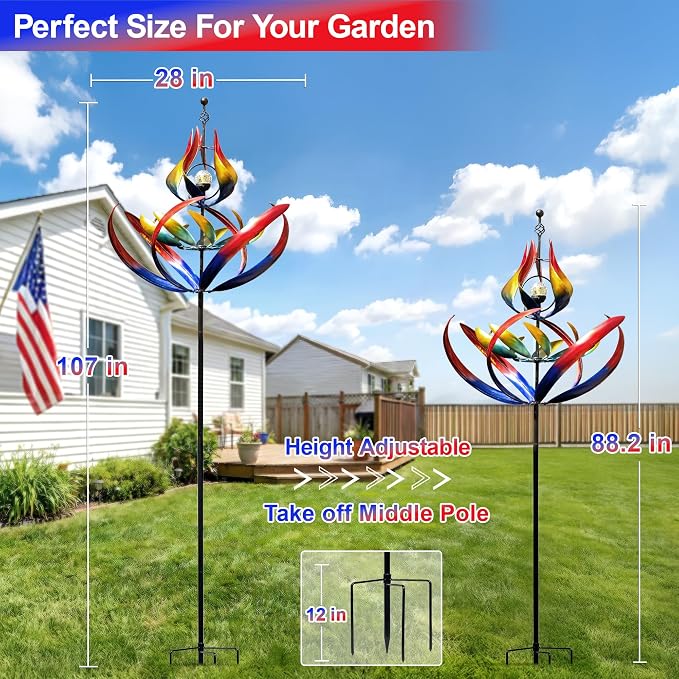 107" Large Solar Wind Spinner Outdoor Metal - 3-Tier Kinetic Wind Sculptures with LED Glass Ball Light, Multi-Color Tulip Windmills for Yard Garden Decor, Patio Porch Lawn Ornament Gardening Gifts