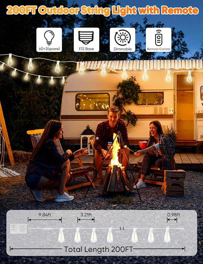 Outdoor String Lights with Remote, 200FT LED Patio Lights with 62 ST38 LED Filament Bulbs, 3 Lighting Modes, 3H/5H Timer, Waterproof IP65 String Light for Outside, E12 Socket Base, White