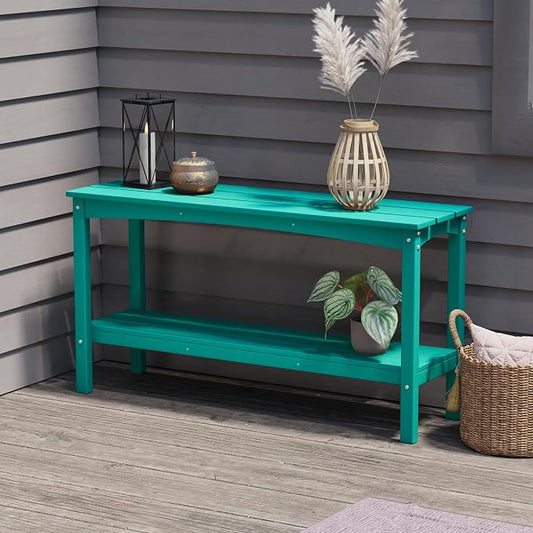 Costaelm Adirondack Outdoor Side Table, 55” HDPE Small Outside Table with Storage Shelf, Weather Resistant Plant Shelf, Outdoor Coffee Table and Buffet Table for Pool & Yard, Turquoise