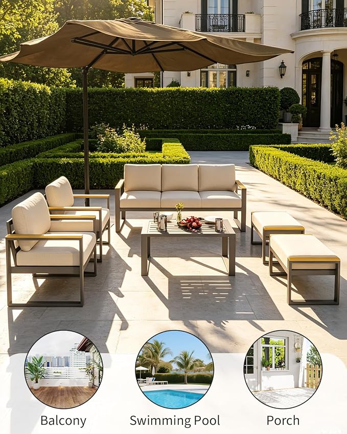 Aluminum Outdoor Patio Furniture - 1 Pcs 3-Seat Sofa and Coffee Table, All-Weather Metal Modern Outside Furniture with Washable Thick Cushion for Balcony, Garden, Deck, Backyard,Beige