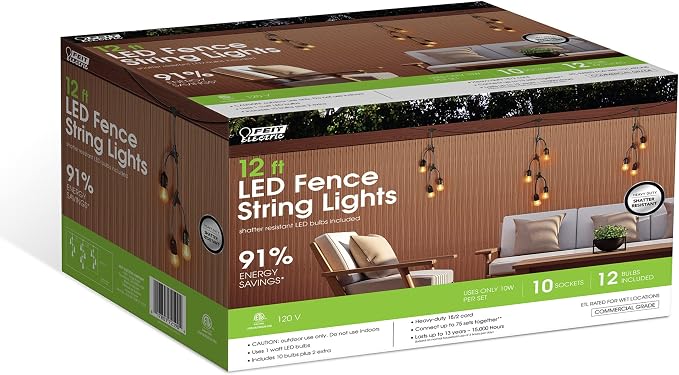 Feit Electric 12ft LED Outdoor Fence String Lights, 10 Sockets, 12pc. S14 LED Bulbs Included, E26 Base, 10 Watts, 2200K, Amber, SLM12-10/FIL