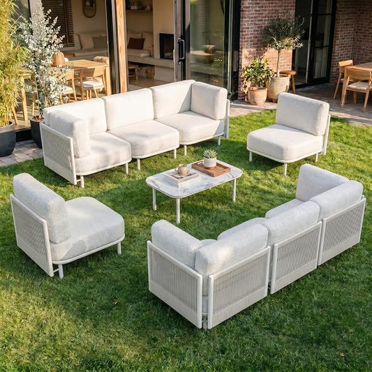 LayinSun 9 Pieces Patio Furniture Set with Coffee Table, Modern Outdoor Modular Sectional Conversation Set L-Shaped Sofa with 7-inch Cushion for Garden Backyard Deck