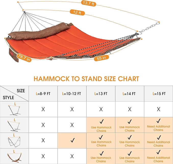 Lazy Daze Hammocks 12 FT Quilted Fabric Hammock with Curved Aluminium Spreader Bar, Double Hammock for Outside with Soft Pillow & Side Pocket 450 Lbs Capacity, Orange