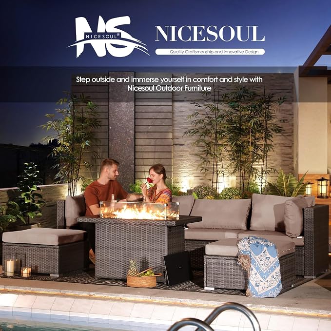 NICESOUL 13 Piece Modern Outdoor Patio Furniture Set with Firepit Natural Gas Propane Convertible, 29.3'' High Back Extra Large Size Wicker Conversation, Deep Wide Comfortable Couch for Outside, Grey