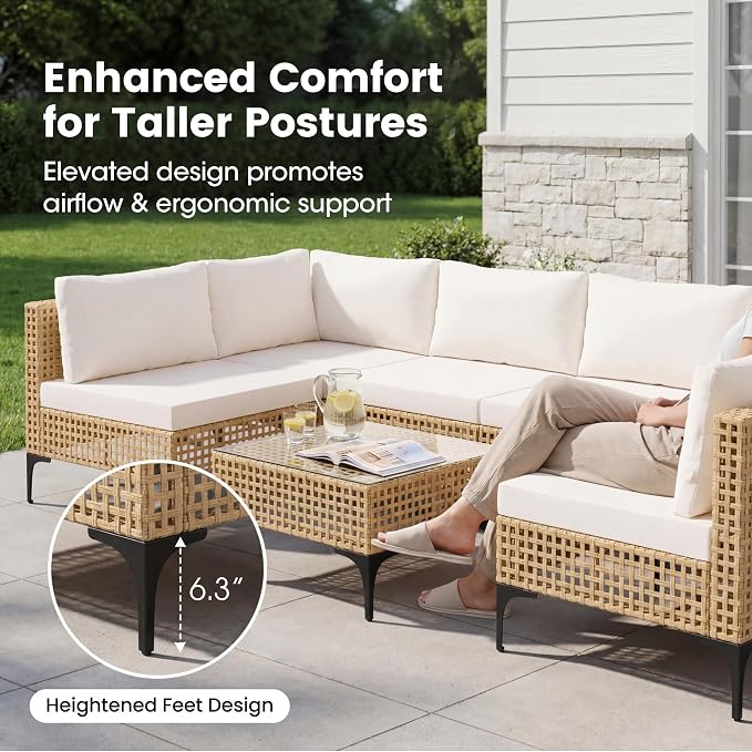 Devoko Patio Furniture Set,7 Pieces Outdoor Wicker Sectional Couch with Thick Cushions &Glass Tabletop, PE Rattan Backyard Conversation Sofa with Coffee Table for Deck, Porch（7pc）