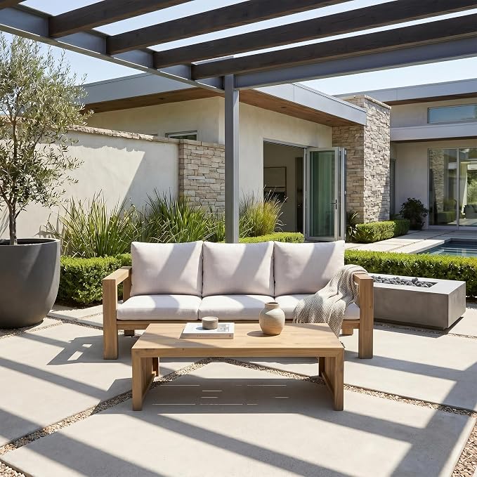 Outdoor Patio Sofa Set 3-Seater Acacia Wood Conversation Set with Cushions & Coffee Table Garden Backyard Balcony Poolside (Beige,Light Teak5)
