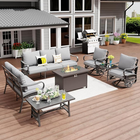7 Piece Patio Furniture Set, All Weather Metal Outdoor Conversation Set with 50000 BTU Propane Fire Pit Table, 3 Seat Sofa, 2 Swivel Chairs and 5" Cushions for Garden, Porch, Lawn, Grey