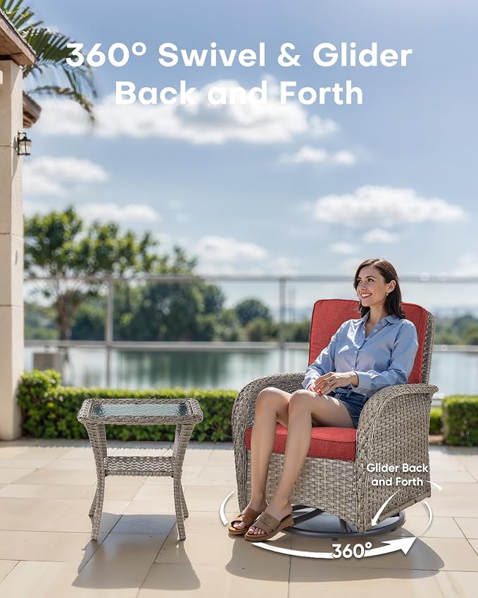5 Pieces Wicker Patio Furniture Set-Outdoor Swivel Rocker Patio Chairs Patio Sofa Set with Tempered Glass Top Outdoor Coffee Table for Deck Lawn Porch Balcony Poolside-Grey/Red
