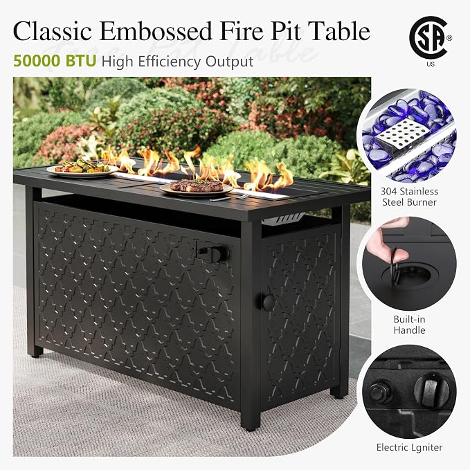 Sophia & William Patio Furniture Sets with 45" Gas Fire Pit Table for 7 Outdoor Conversation Sets 6 Pcs, 2 x Swivel Cushioned Sofa Chairs, 1x3-Seat Sofa, 2xOttomans for Backyard Poolside Peacock Blue