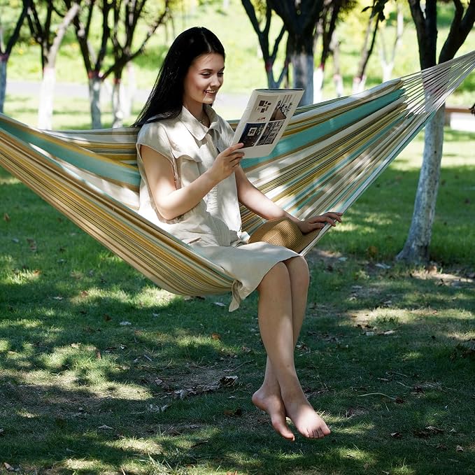 Brazilian Hammock with Tree Straps - Cotton Hammocks Portable Hammock with Carry Bag for Backyard, Porch, Outdoor and Indoor Use Yellow & Green