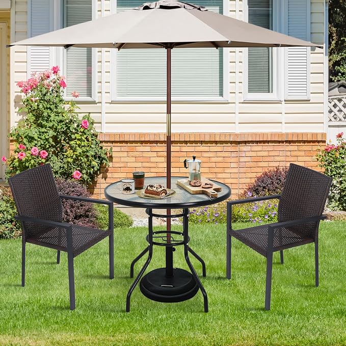 Dkeli Outdoor Table 31.9 Round Bistro Table with Umbrella Hole Tempered Glass Metal Patio Table for Outside,Indoor,Poach, Black