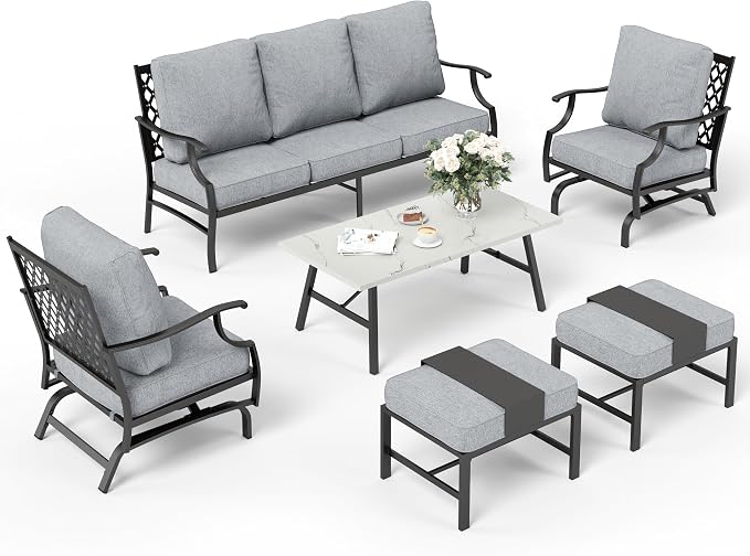 SUNSHINE VALLEY 6 Piece Metal Outdoor Patio Furniture Set, Patio Conversation Set 1 3-seater Sofa, 2 Rocking Chair, 2 Ottomans with 5.75" Thick Cushion and Coffee Table, Black Backyard Furniture, Gray