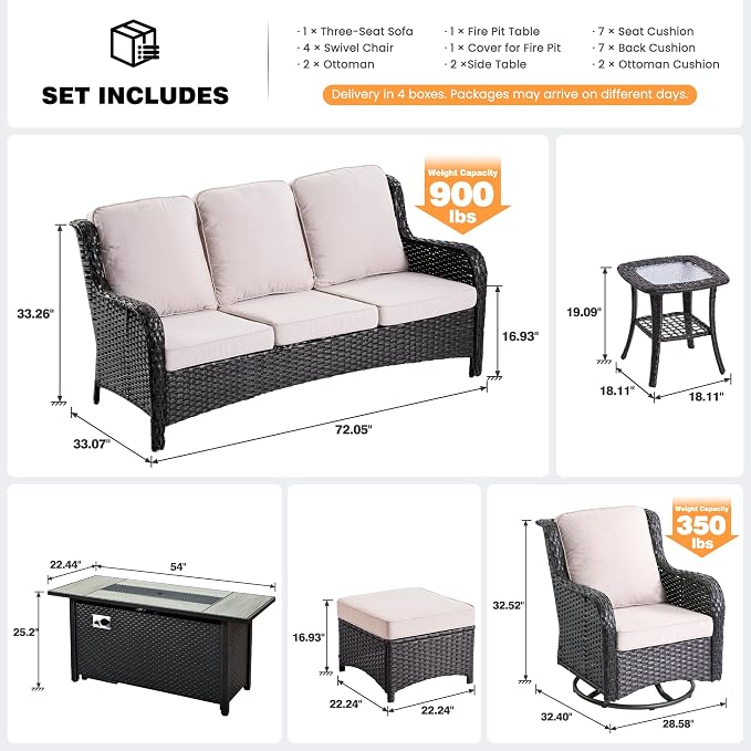 ovios 10-Piece Patio Furniture Set with Swivel Chairs Side Table, Outdoor Wicker Sofa with 54" Fire Pit Table, High Back Couch Modern Conversation Sets, Brown/Beige