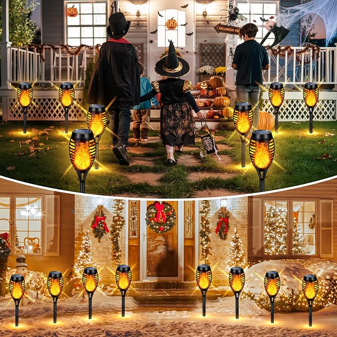 Solar Torch Lights Outdoor Flickering Flame for Halloween Decorations | Upgraded 10 Pack Flame Halloween Solar Lights Outdoor for Garden Decor, Tiki Torches for Outside Yard Patio Pathway Decor