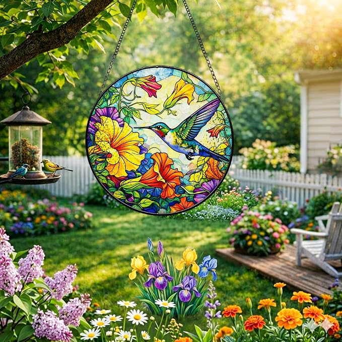 Stained Glass Window Hanging - Colorful Hummingbird Suncatcher for Windows Doors Home Decor, Hummingbird Flowers Sun Catcher Gift for Women Mom Nana Bird Lovers Christmas Mother's Day Birthday 7.8 in