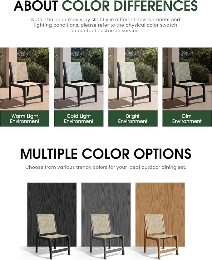 Patio Stackable Chair, HDPE Armless Outdoor Dining Chairs with Wide Seat, All-Weather Textilene Oversized Porch Chair for Garden, Poolside, Backyard, Deck | Black