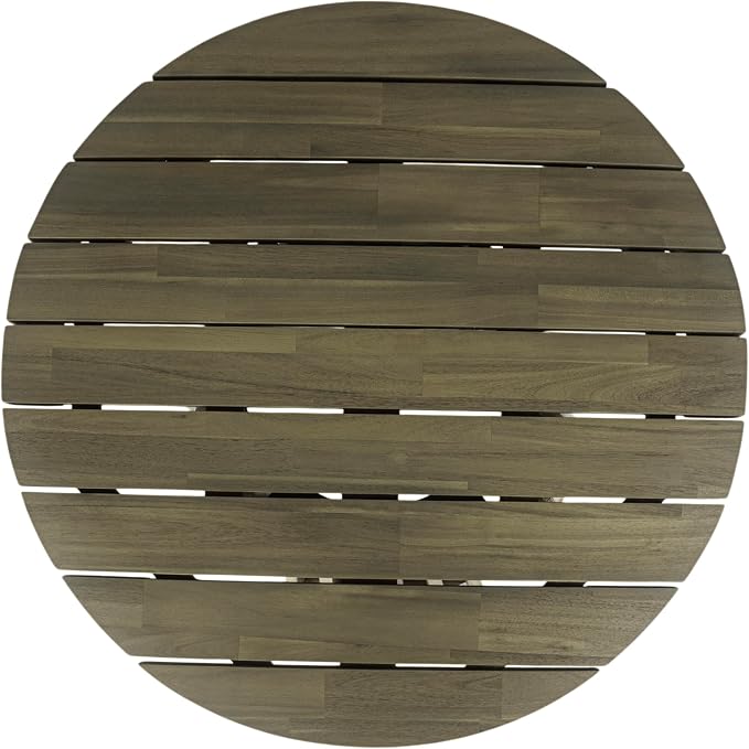 Wood Outdoor Round Coffee Table, Weather-Resistant Patio Table with Striped Base, for Garden, Deck, and Backyard, Grey