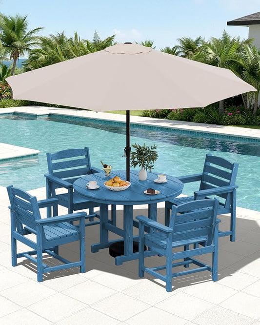 SERWALL 6-Piece Patio Dining Sets, HDPE Outdoor Table and Chairs Furniture Set with Umbrella, 45" Round Dining Table & 4 Dining Chairs & 1 9FT Umbrella, Navy(Not Include Umbrella Base)