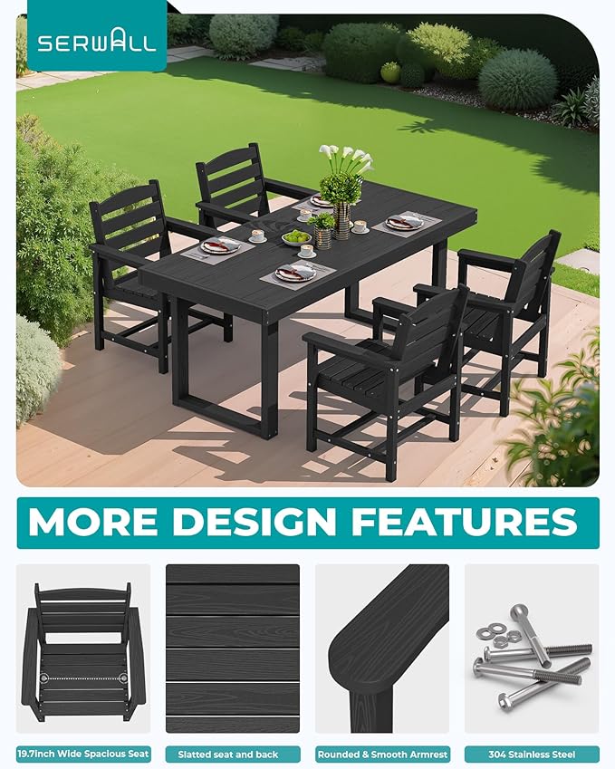 SERWALL HDPE Outdoor Dining Set for 4, 67'' Patio Table and Chairs Set | with Armchair Seat