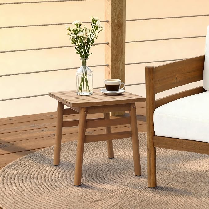 LuxenHome 18.5" Square Outdoor Side Tables for Patio, Acacia Wood Outdoor End Table with Slatted Top, Wooden Patio Table for Balcony, Patio, Porch