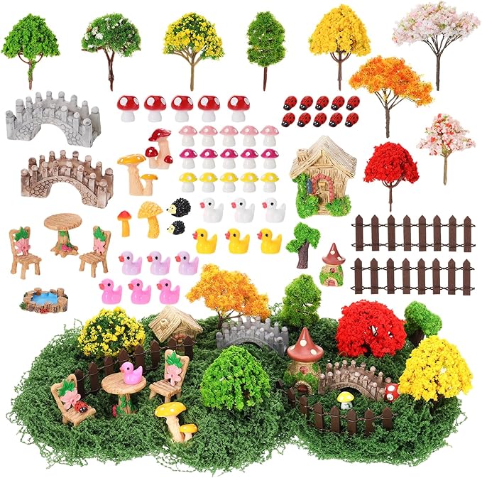 68 Pcs Fairy Garden Accessories Mini Resin Animals Figures | Miniature Ducks Mushroom Ladybug Table and Chairs Bridge Pond Fence Moss Bonsai Landscape Ornaments Kit for Garden DIY Craft
