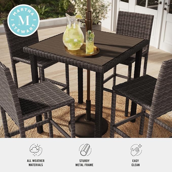 Martha Stewart Bedford 37” Square Indoor-Outdoor Patio Bar Height Table with Faux Wood Top and Rattan Wicker Finish in Brown