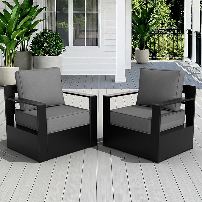 Outdoor Patio Furniture Aluminum Patio Chairs, All-Weather Metal Outdoor Chair with 6 Inch Thick Cushions, Deep Setting for Garden, Outside and Porch, Grey