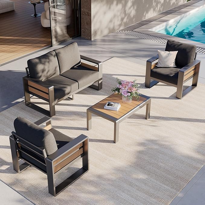 Aoxun Aluminum Patio Furniture Set, 4 Seats Sectional Metal Patio Furniture with Coffee Table and Thick Cushions, Modern Outside Sectional Set for Backyard/Garden/Poolside, Dark Grey