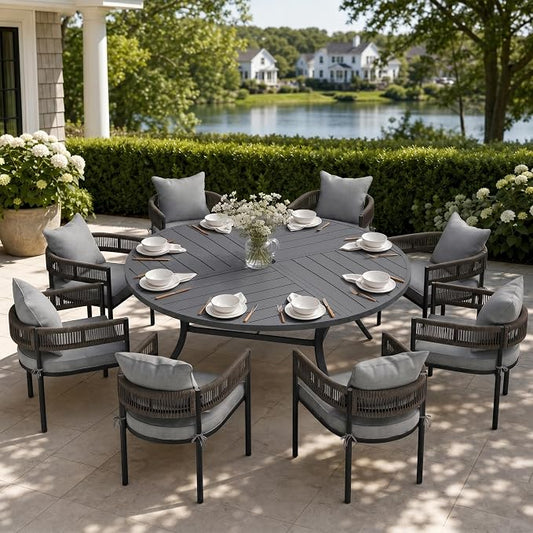 VICLLAX Patio Dining Set, 63.1" Dark Grey Table & 6 Chairs with Grey Cushion