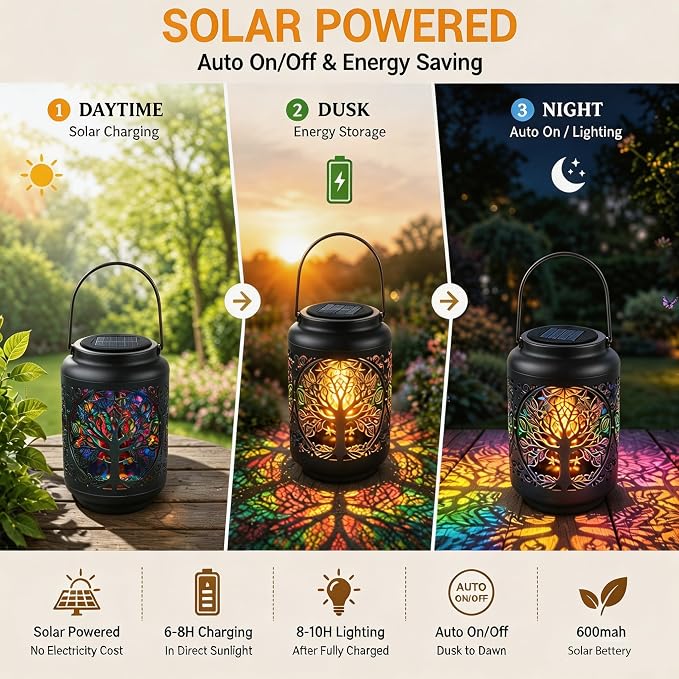 Tree of Life Solar Lantern Outdoor, Decorative Metal Solar Hanging Light with Colorful Light Pattern, Waterproof Garden Lantern for Patio, Yard, Porch, Balcony, Gifts for Women Mom Grandma
