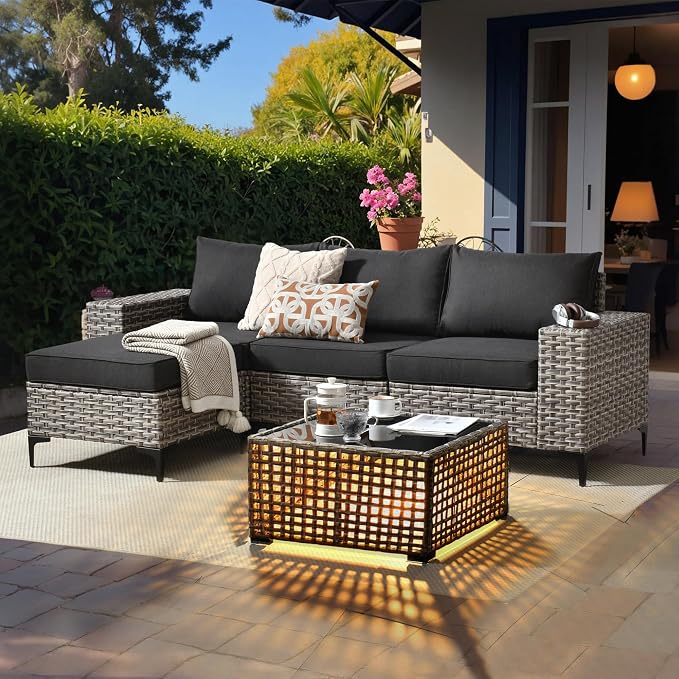 HOOOWOOO Outdoor Sectional Furniture Set with Solar Table,5 Pieces Wicker Patio Conversation Sets,L Shape All Weather Resistant Outside Couch Sofa Ottoman,Black