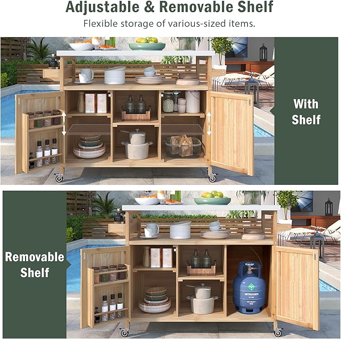 Outdoor Grill Table Bar Cart with Stainless Steel Top, Farmhouse Solid Wood Outdoor Kitchen Island with Spice Rack and Towel Rack, Rolling Island Cart for Kitchen, BBQ, Garden, Patio, Natural