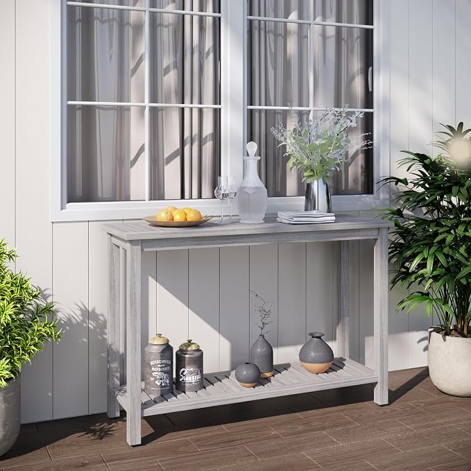 DTY Outdoor Living Eucalyptus Wood Console Table, Two-Shelf Outdoor Buffet, Silver Gray Weather-Resistant Finish