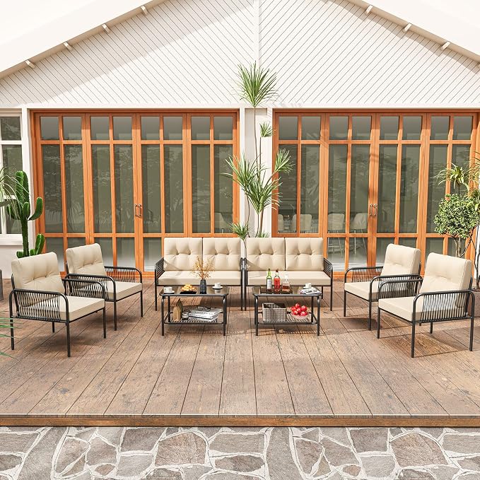 Tangkula 8 Pieces Patio Furniture Set, PE Rattan Sofa Chairs with Loveseat, Tempered Glass Coffee Table and Soft Cushions, Outdoor Conversation Set for Porch, Backyard, Garden and Poolside