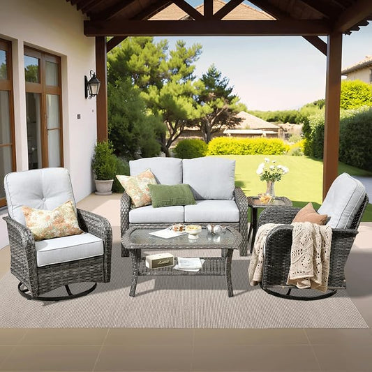 ovios 5-Piece Patio Furniture Set, Outdoor Wicker Sofa with Swivel Chairs Coffee Table, High Back Rattan Couch Loveseat with Comfy Cushions for Porch Yard Deck, Grey
