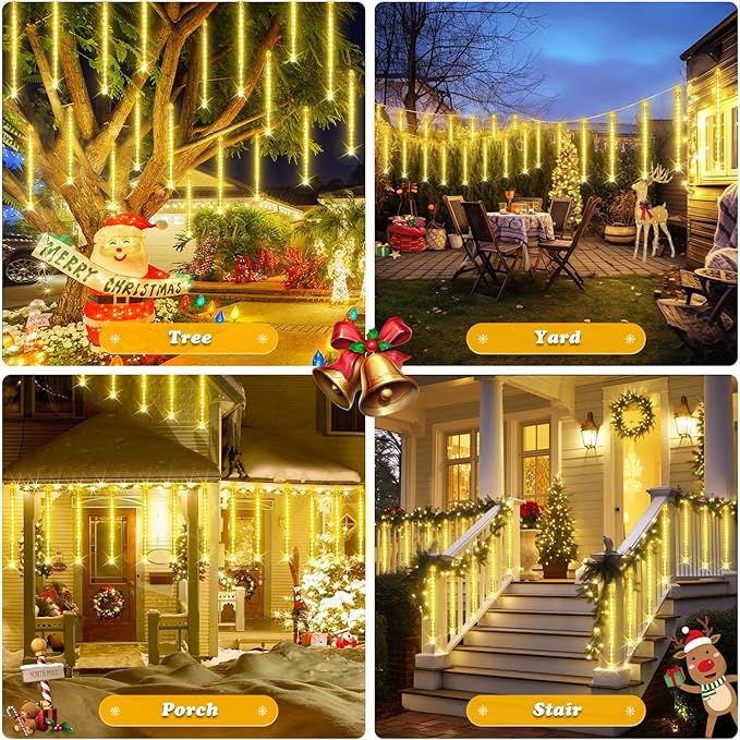 JMEXSUSS Solar Meteor Shower Lights Outdoor, 8 Tube 144 LEDs | Warm White Solar Christmas Lights for Tree Eave Xmas Holiday Party Patio House Wedding Decor