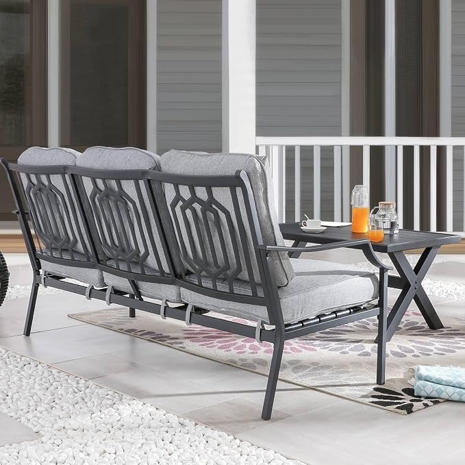Patio Conversation Set Metal Outdoor Furniture Sets 3-Seater Sofa with Metal Coffee Table Thick Cushions (Grey)