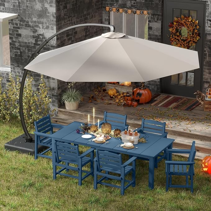 7-Piece Outdoor Dining Set with 75.2" Table for 6,Navy Blue | HDPE material, umbrella hole design, weather-resistant furniture, perfect for garden, lawn, poolside, yard, balcony, deck
