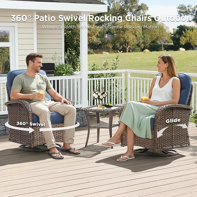 5 Pieces Luxury Patio Furniture Sets with 6-Inch Thick Cushions, High Back Swivel Outdoor Rocking Chairs Set of 2 with Multifunctional Ottoman, Wicker Conversation Set for Porch Garden, Blue