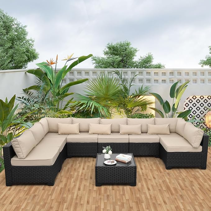 Rattaner 9 Pieces Outdoor Sectional All-Weather Wicker Patio Furniture Set Patio Sectional Glass Patio Table Non-Slip Cushions and Waterproof Covers, Khaki