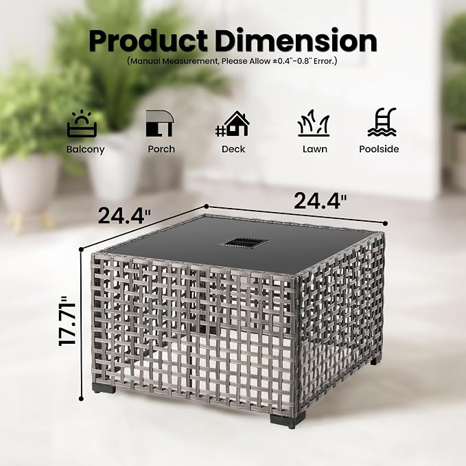 ovios Outdoor Side Table with Tempered Glass Top, Patio Wicker Rattan Solar Lights Tables for All-Weather Porch Deck Balcony Garden Poolside (Grey-Medium Size)