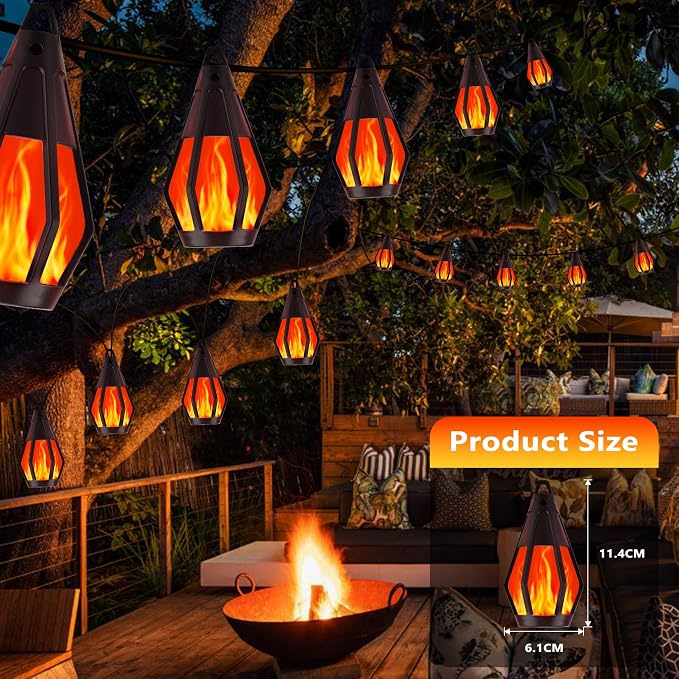 Solar String Lights for Outside, 33Ft Solar Patio Lights with 15 Flickering Flame Light Bulbs, Waterproof Red Solar Powered Outdoor Light for Garden Yard Patio Gazebo Bistro Cafe Porch Party Decor