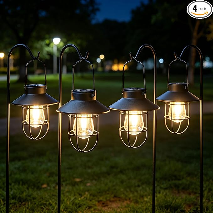 4 Pack Hanging Solar Lantern Lights with Shepherd Hook, Metal Waterproof Warm White Edison Bulb Lights for Garden Outdoor Pathway