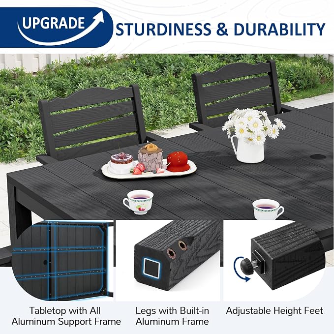 Outdoor Dining Table, Weatherproof 63" Rectangle HIPS Patio Dining Table for 6, with 2" Umbrella Hole, Outdoor Table for Backyard Deck Poolside, Black