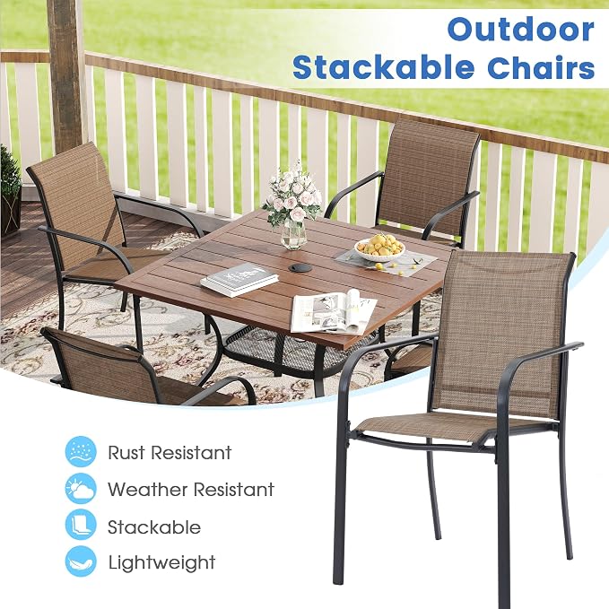VICLLAX Patio Dining Set for 6, Outdoor Furniture Set Includes 59" Rectangle Patio Table and 6 Patio Sling Chairs, Outdoor Table and Chairs for Outsides, Black Tabletop and Brown Fabric