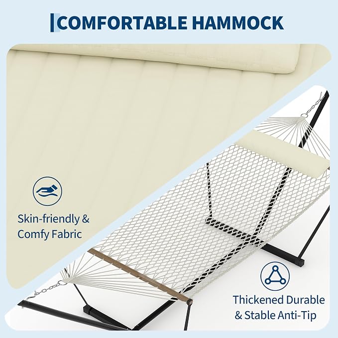 12 ft Double Hammock with Stand, Portable 2 Person Outdoor Hammock with Stand for Patio, Backyard, Garden, Heavy Duty Hammock with Soft Pillow & Balance Ropes, Folding Hammock, Beige