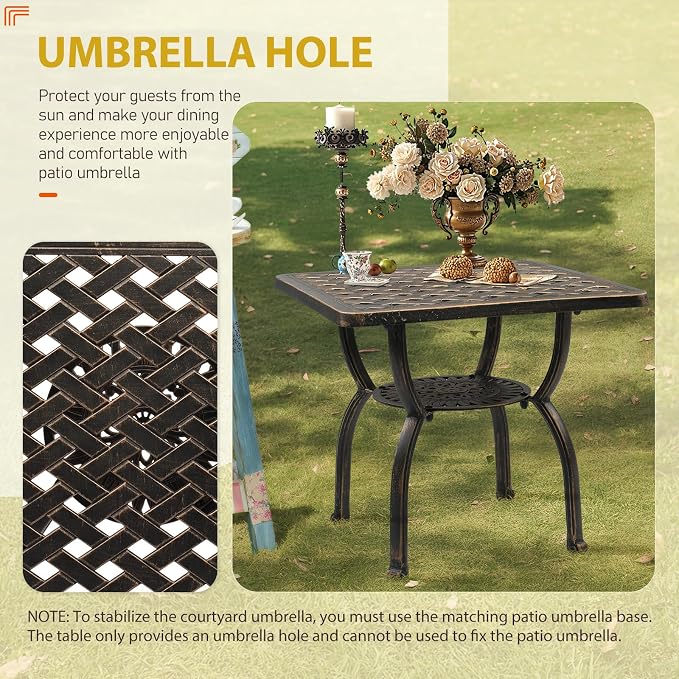 Outvita Patio Side Table, 21.3in Outdoor Square Cast Aluminum Bistro Table and Antique Design for Backyard Porch Pool Balcony Deck White