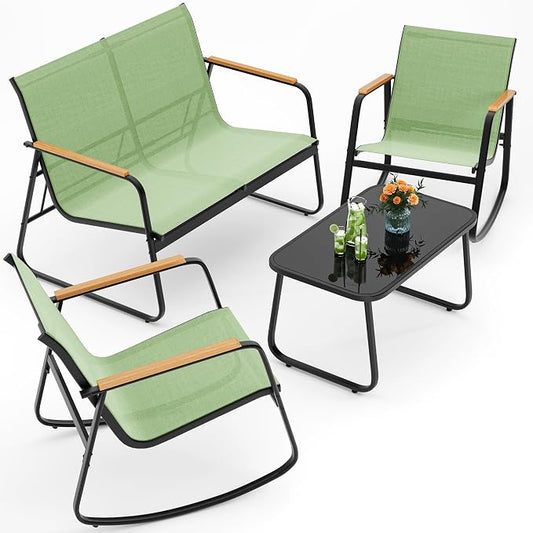 Ahomly 4-Piece Outdoor Patio Furniture Set, All Weather-Resistant Textile Fabric Outdoor Conversation Set with Coffee Table, Patio Rocking Chairs for Lawn, Balcony, Poolside (Green)
