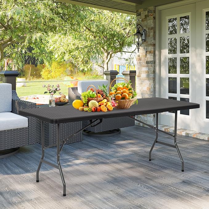 6FT Folding Table, Heavy Duty Plastic Table Portable Fold-in-Half Utility Table Indoor Outdoor Picnic Table w/Handle & Lock for Camping BBQ Party Wedding Market Events, Black Ratten